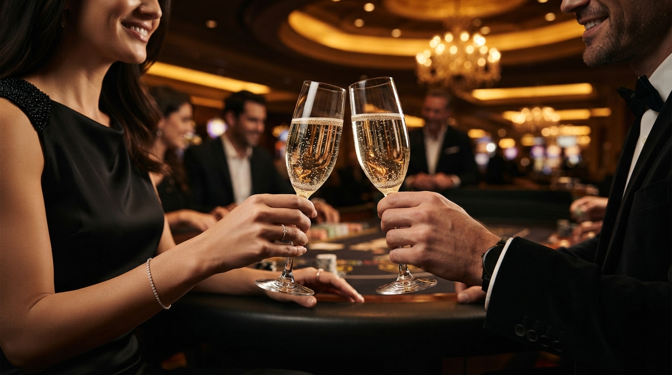 Kapow Casino: En Dybdegående Guide — Champagneglas, der reflekterer casinoets gyldne lys, mod dybsorte klæder, et hin