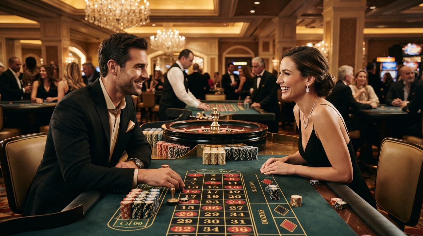 Kapow Casino: En Dybdegående Guide — Et elegant par deler et smil hen over et live roulettebord, mens jetoner ligger