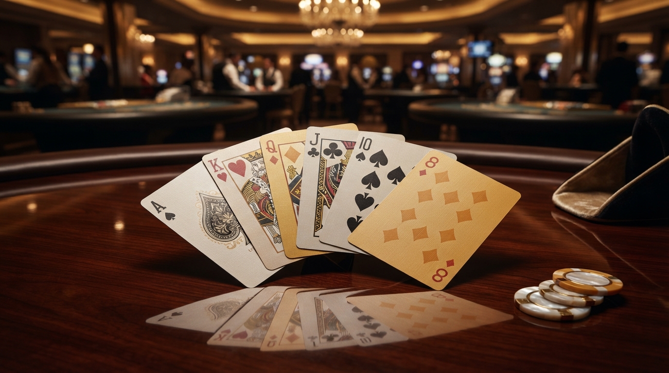 Kapow Casino: En Dybdegående Guide — Nærbillede af professionelt designede spillekort, der hviler på en poleret overf